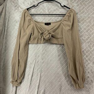 Fiestar Womens Small Cropped Top Beige Long Puff Sleeve Tie Front Baby Doll